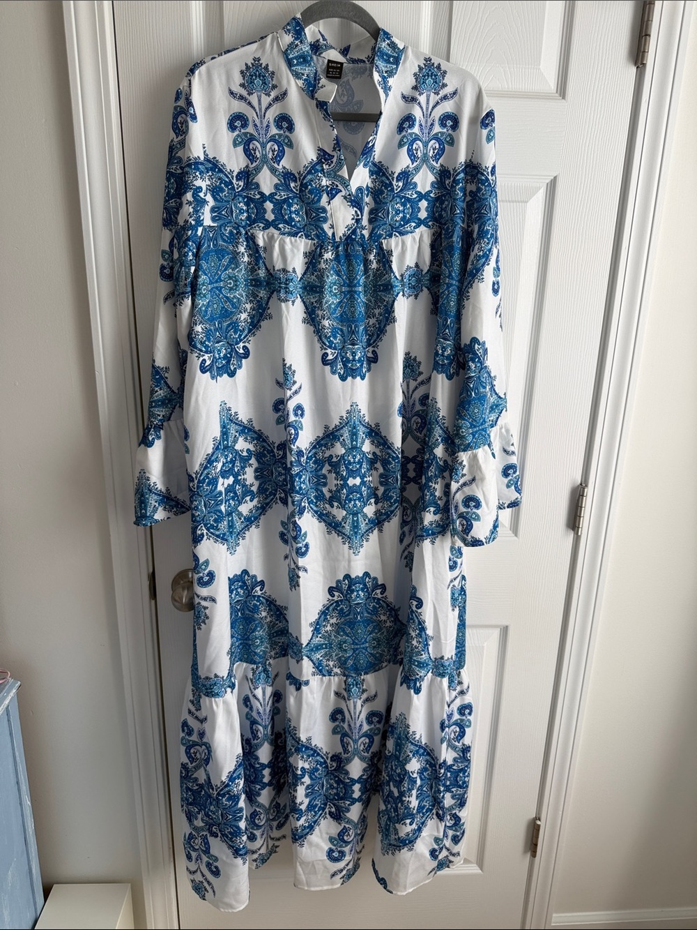 Blue and White Maxi Dress with Blue Medallion Print